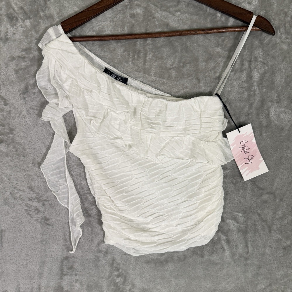New Crystal Sky White One Shoulder Ruffle Ruched Mesh Top Size S Fairycore